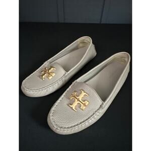 Tory Burch Everly Leather Driver Loafers French Gray Taupe Rolled Brass Size 6M